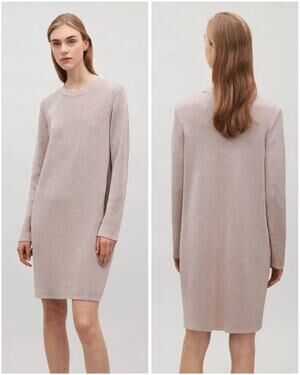 COS Knitted Metallic Shimmer Sparkle Long Sleeve Shift Mini Gold Party Dress XS